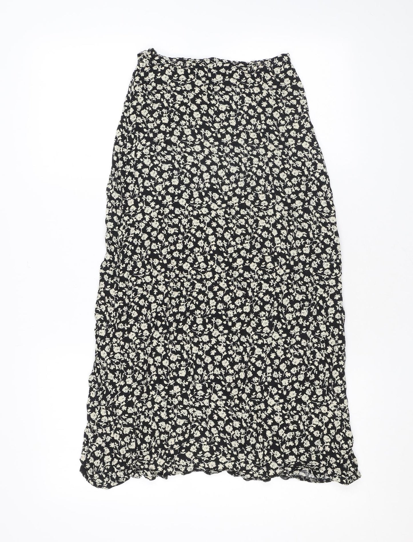 New Look Womens Black Floral Viscose Wrap Skirt Size 6 Button