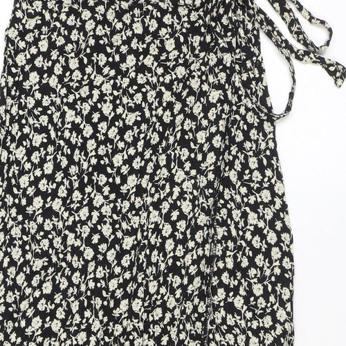 New Look Womens Black Floral Viscose Wrap Skirt Size 6 Button