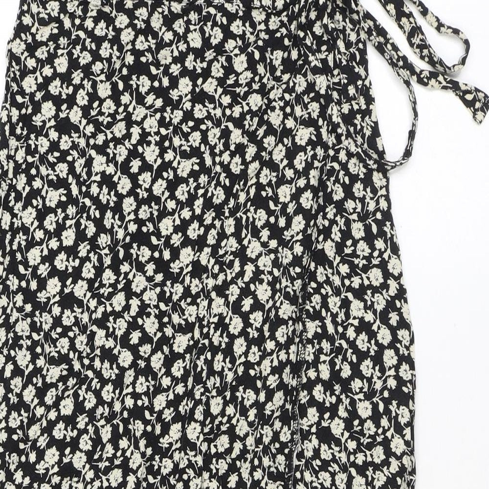 New Look Womens Black Floral Viscose Wrap Skirt Size 6 Button