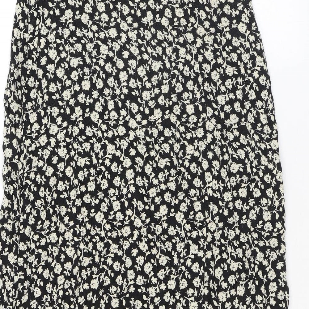New Look Womens Black Floral Viscose Wrap Skirt Size 6 Button