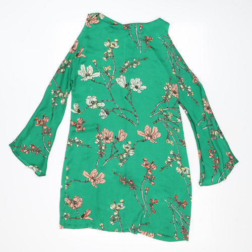 Zara Womens Green Floral Polyester A-Line Size XS Boat Neck Pullover - Cold Shoulder