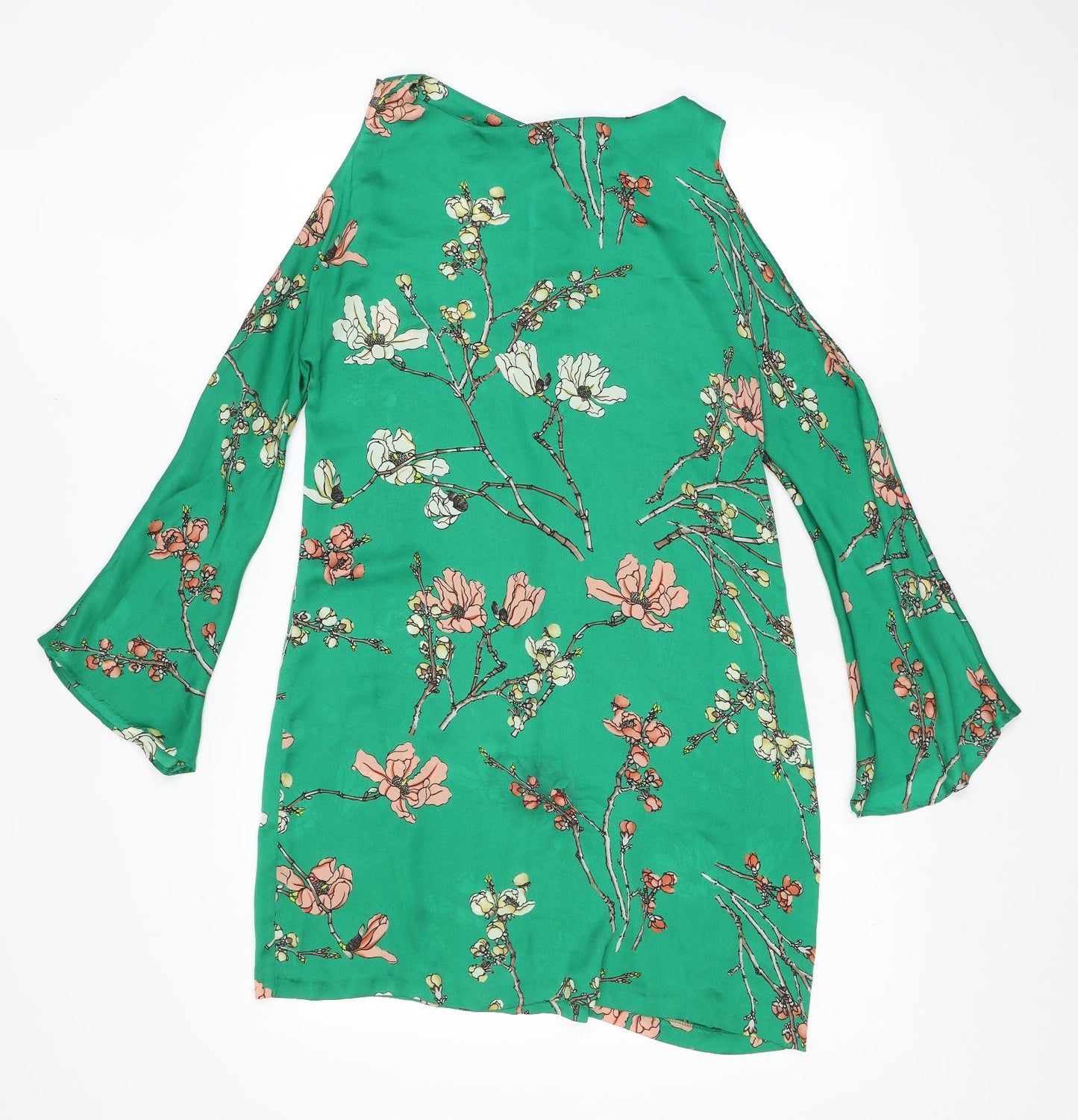 Zara Womens Green Floral Polyester A-Line Size XS Boat Neck Pullover - Cold Shoulder