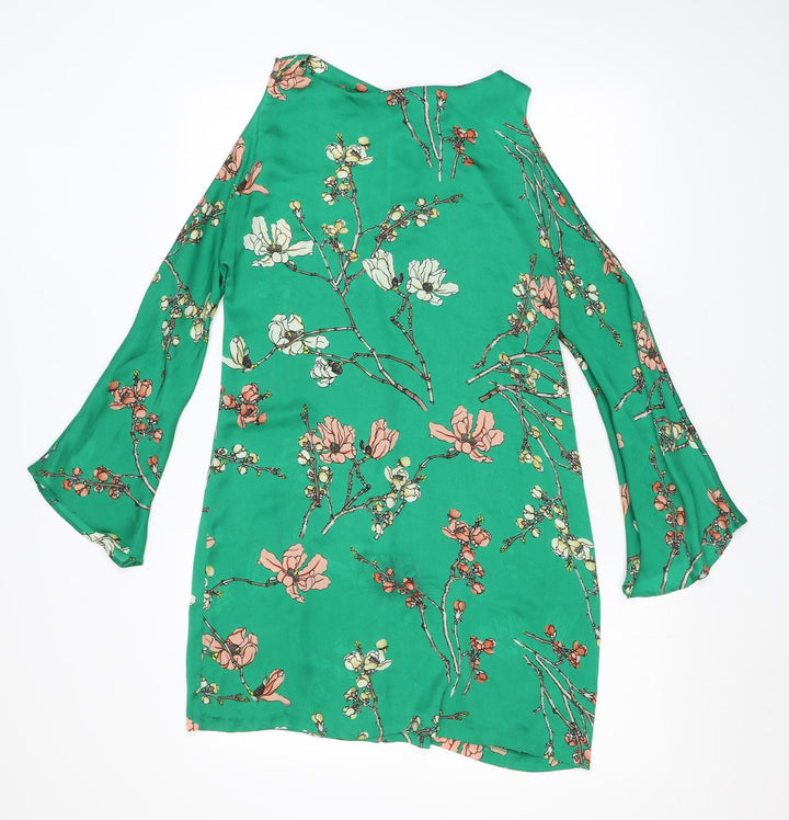 Zara Womens Green Floral Polyester A-Line Size XS Boat Neck Pullover - Cold Shoulder