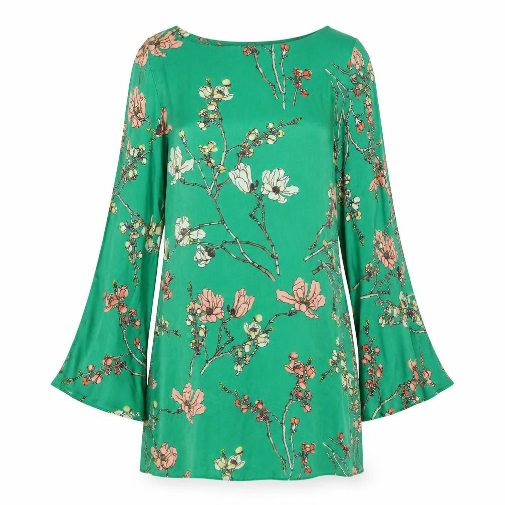 Front view of Zara women’s green floral polyester a-line, size XS, boat neck pullover - cold shoulder
