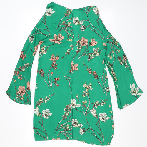 Zara Womens Green Floral Polyester A-Line Size XS Boat Neck Pullover - Cold Shoulder