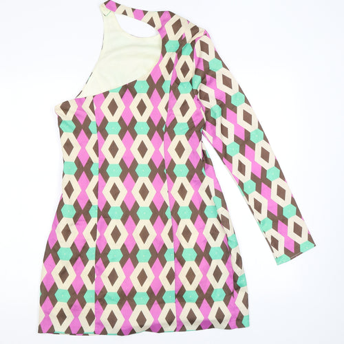 Zara Womens Multicoloured Geometric Polyester A-Line Size M One Shoulder Button