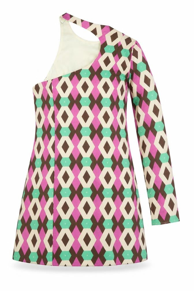 Front view of Zara women’s multicoloured geometric polyester a-line, size M, one shoulder button