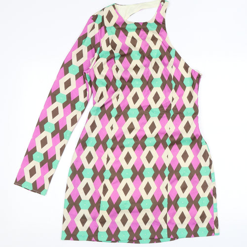 Zara Womens Multicoloured Geometric Polyester A-Line Size M One Shoulder Button