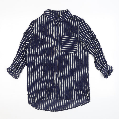 H&M Womens Blue Striped Viscose Basic Button-Up Size 6 Collared