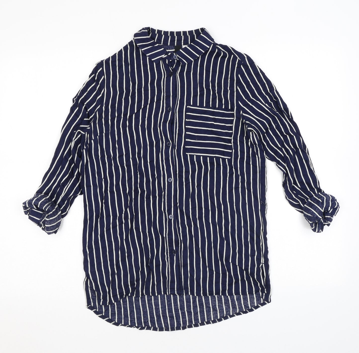 H&M Womens Blue Striped Viscose Basic Button-Up Size 6 Collared