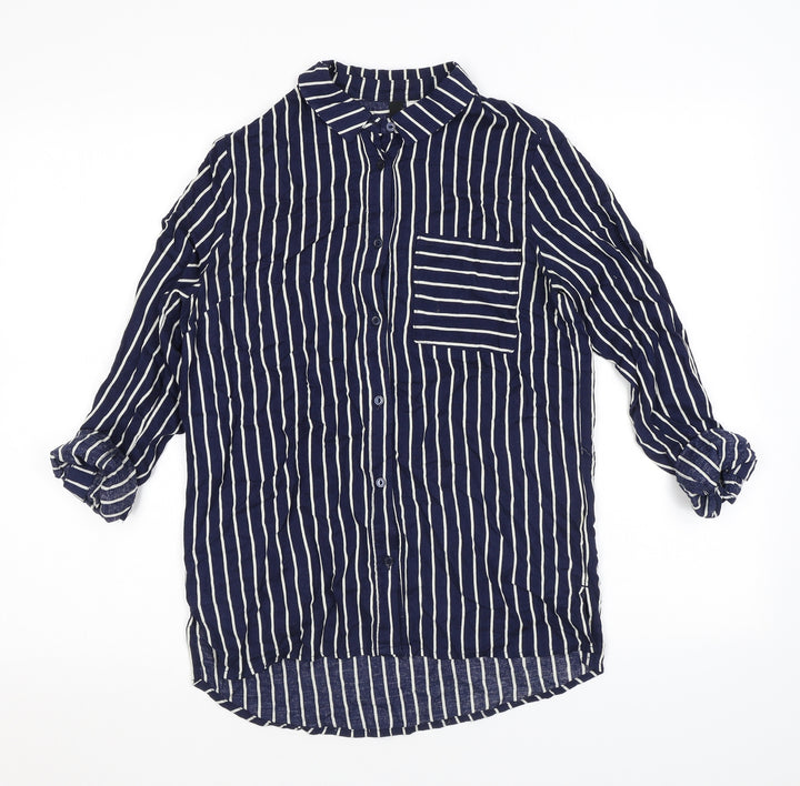 H&M Womens Blue Striped Viscose Basic Button-Up Size 6 Collared