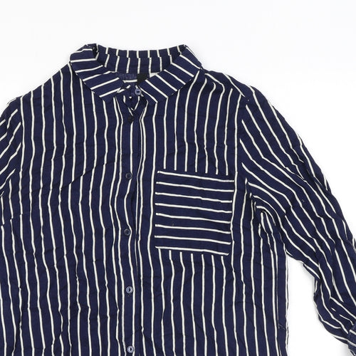 H&M Womens Blue Striped Viscose Basic Button-Up Size 6 Collared
