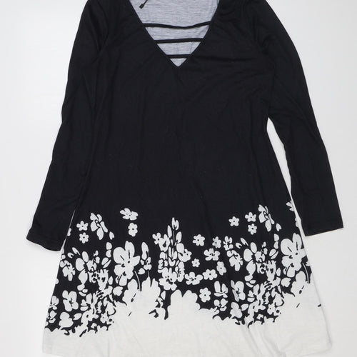 Sheilay Womens Black Floral Polyester A-Line Size S V-Neck Pullover