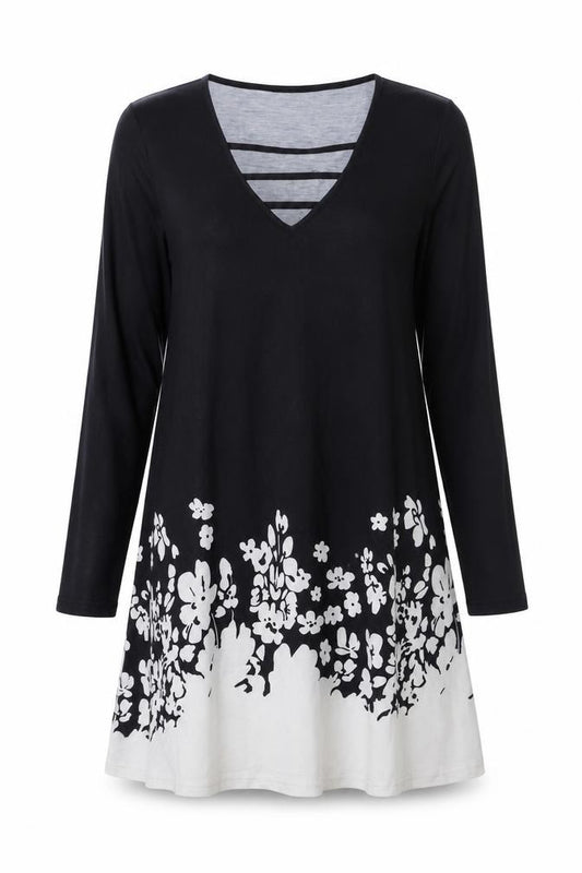Front view of Sheilay women’s black floral polyester a-line, size S, v-neck pullover