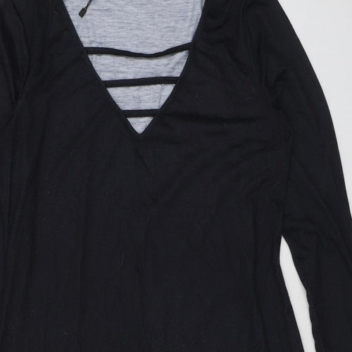 Sheilay Womens Black Floral Polyester A-Line Size S V-Neck Pullover