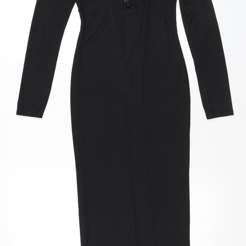 PRETTYLITTLETHING Womens Black Polyester Bodycon Size 6 Scoop Neck Button