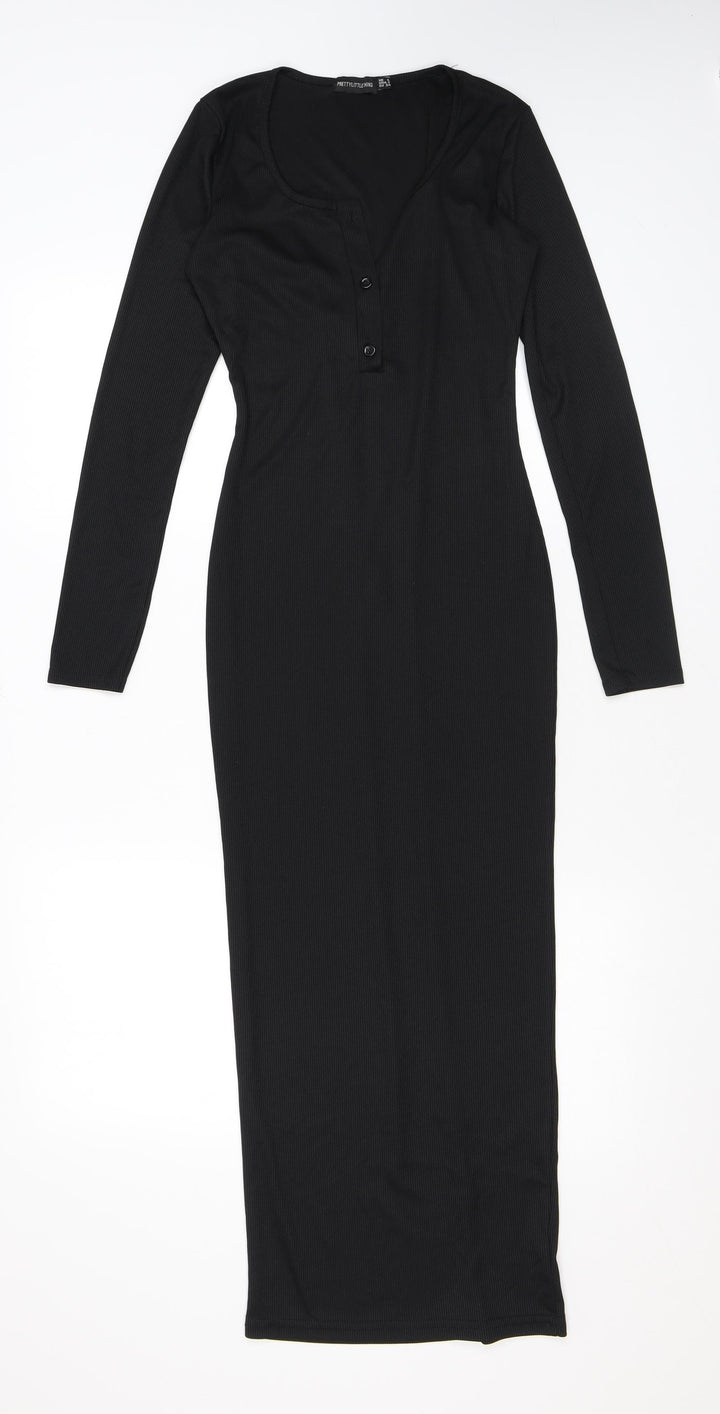 PRETTYLITTLETHING Womens Black Polyester Bodycon Size 6 Scoop Neck Button