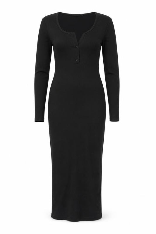 Front view of PRETTYLITTLETHING women’s black polyester bodycon, size UK 6, scoop neck button