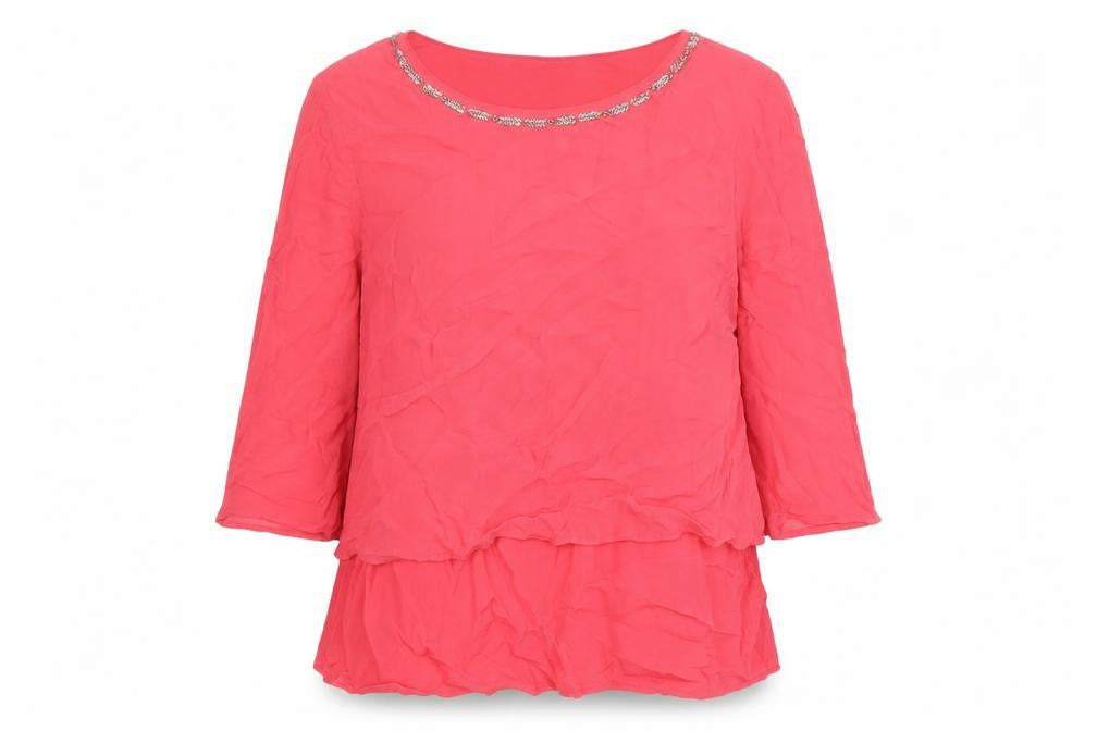 Front view of Monsoon women’s pink viscose basic blouse, size UK 16, roll neck - beading