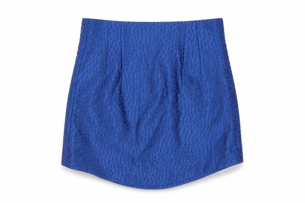 Front view of Zara women’s blue geometric polyester mini skirt, size S, zip