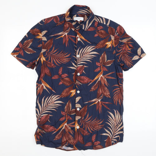 NEXT Mens Blue Geometric Cotton Button-Up Size S Collared Button - Leaf print