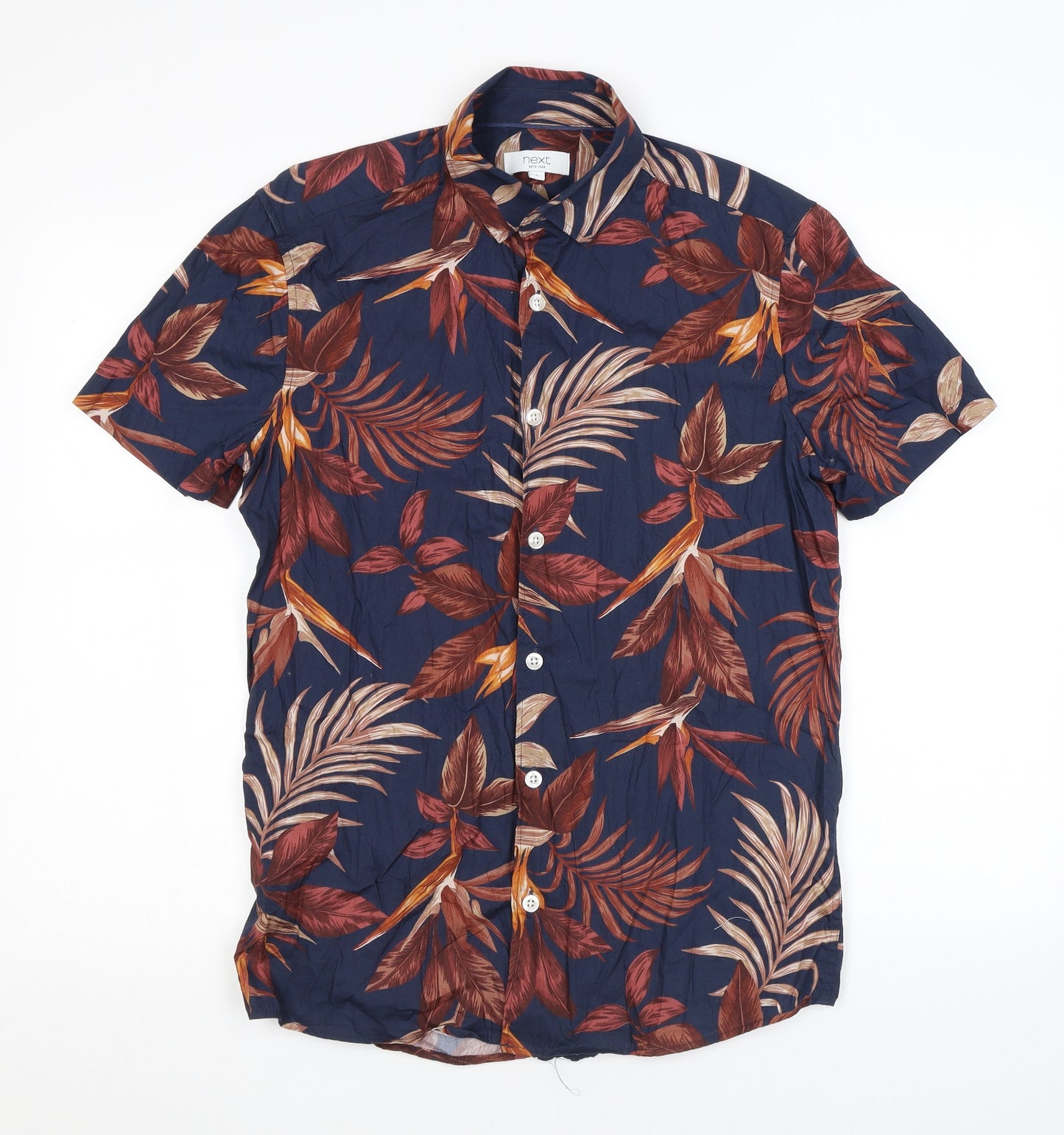 NEXT Mens Blue Geometric Cotton Button-Up Size S Collared Button - Leaf print