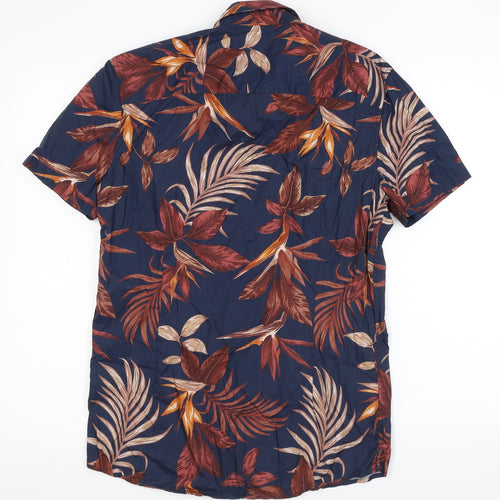 NEXT Mens Blue Geometric Cotton Button-Up Size S Collared Button - Leaf print