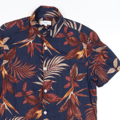 NEXT Mens Blue Geometric Cotton Button-Up Size S Collared Button - Leaf print