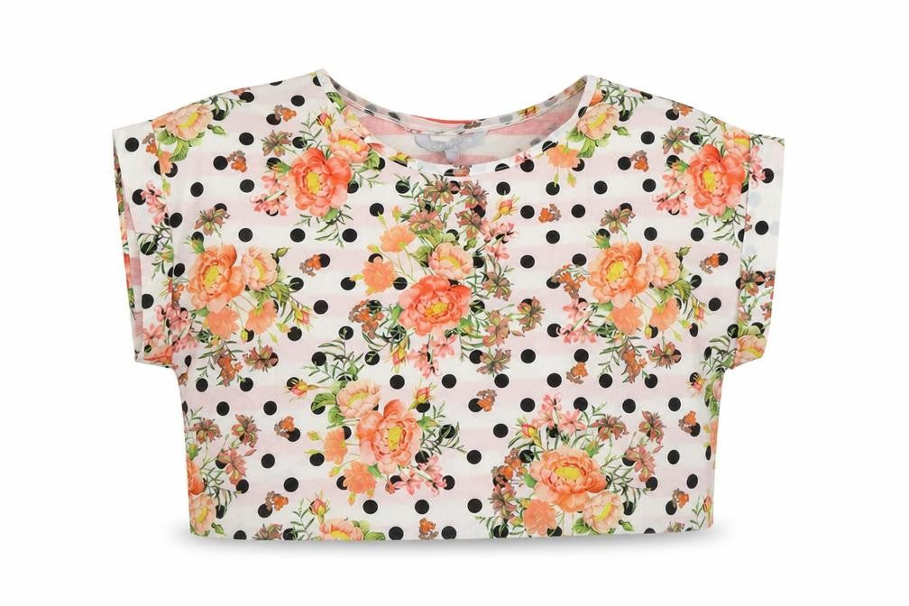 Front view of Red Herring women’s multicoloured polka dot polyester cropped t-shirt, size UK 12, round neck