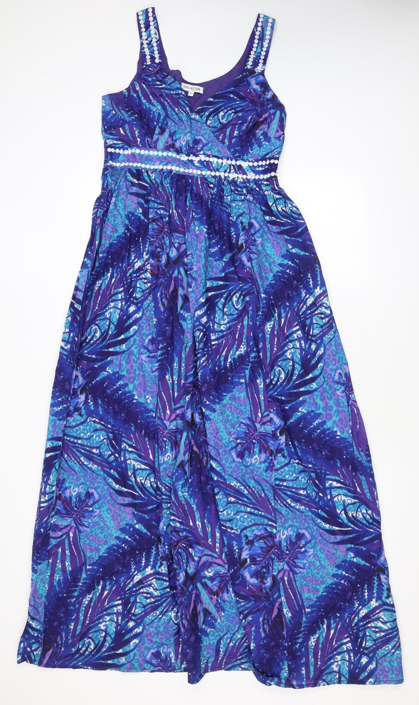Debenhams Womens Blue Geometric Cotton Maxi Size 12 V-Neck