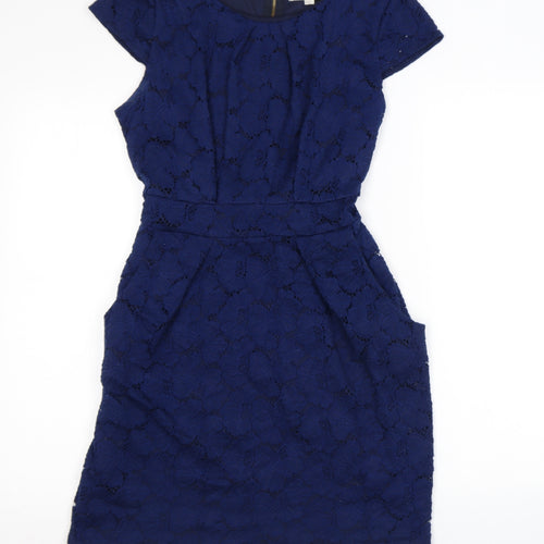 Vouley Vous Womens Blue Floral Nylon Mini Size L Round Neck Zip - Lace
