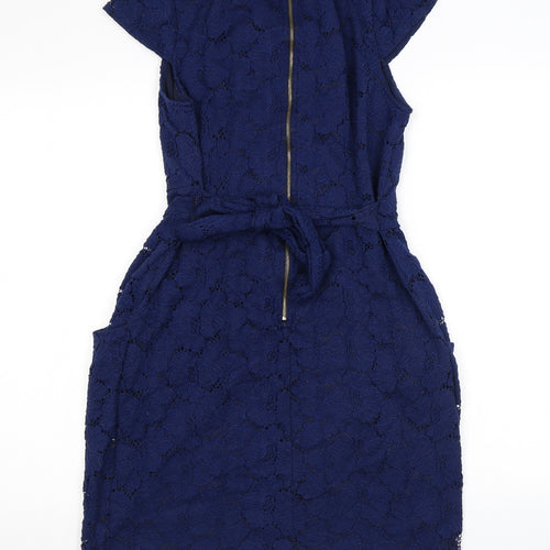 Vouley Vous Womens Blue Floral Nylon Mini Size L Round Neck Zip - Lace