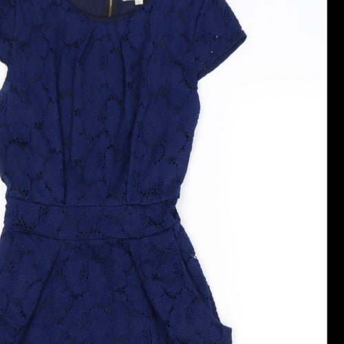 Vouley Vous Womens Blue Floral Nylon Mini Size L Round Neck Zip - Lace
