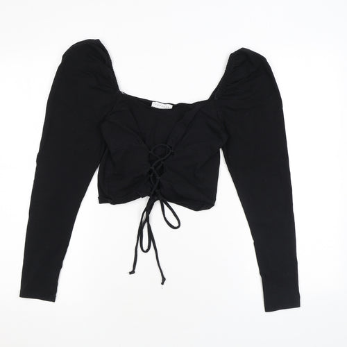 Topshop Womens Black Cotton Cropped T-Shirt Size 10 V-Neck