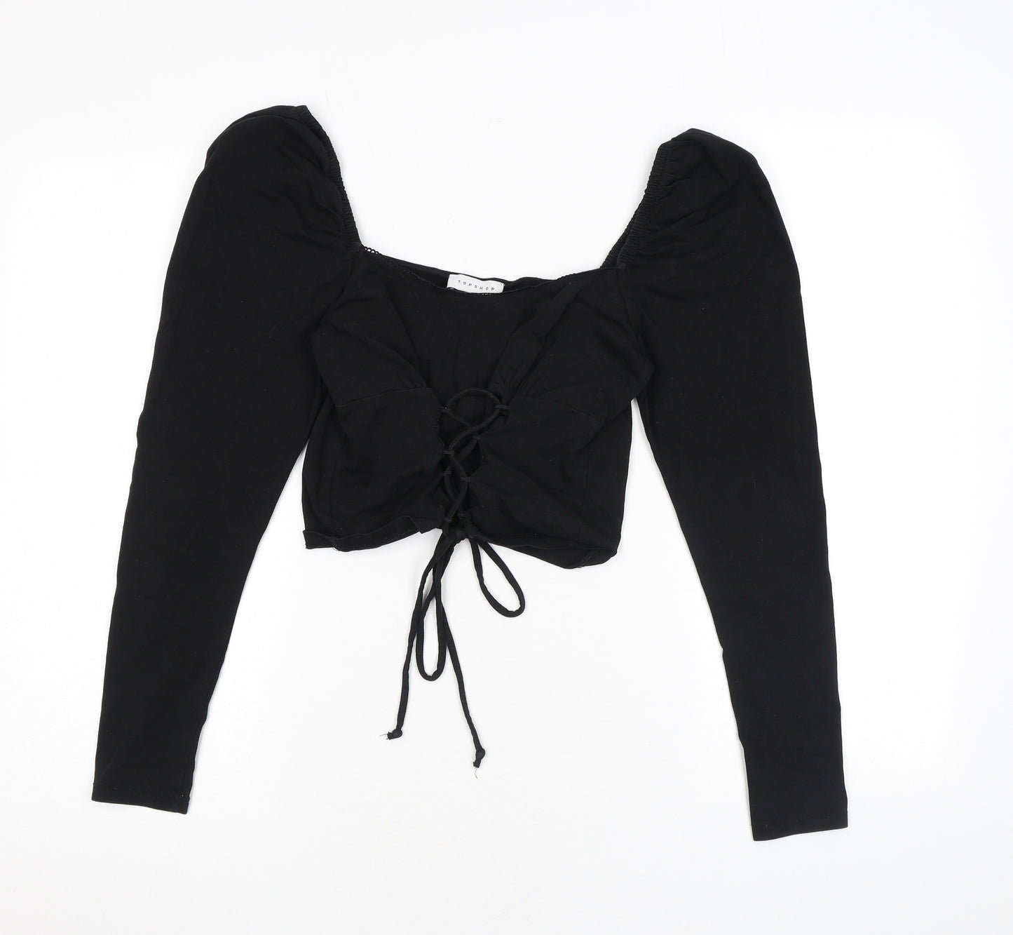 Topshop Womens Black Cotton Cropped T-Shirt Size 10 V-Neck