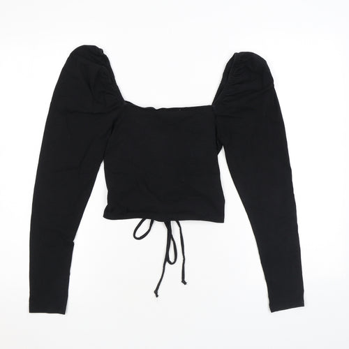 Topshop Womens Black Cotton Cropped T-Shirt Size 10 V-Neck