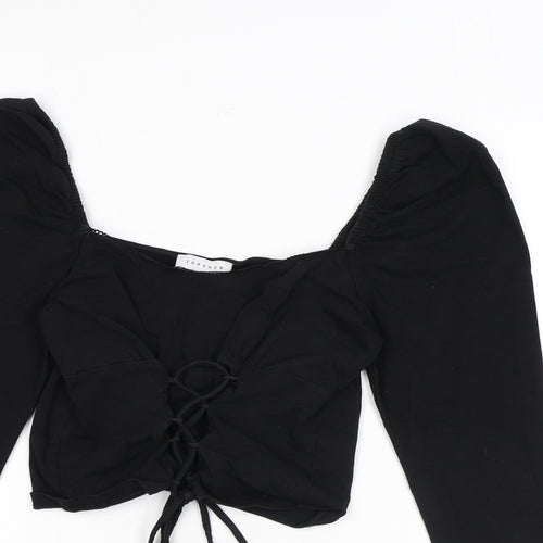 Topshop Womens Black Cotton Cropped T-Shirt Size 10 V-Neck