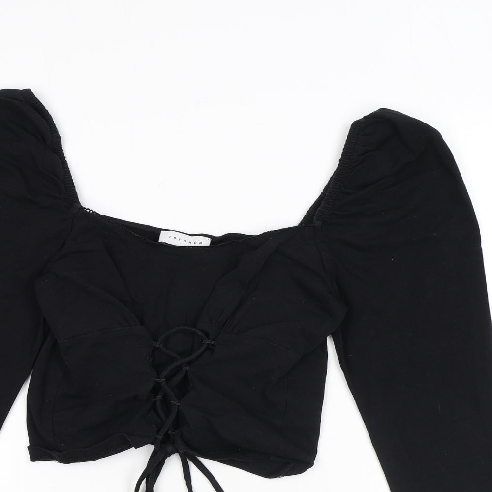 Topshop Womens Black Cotton Cropped T-Shirt Size 10 V-Neck