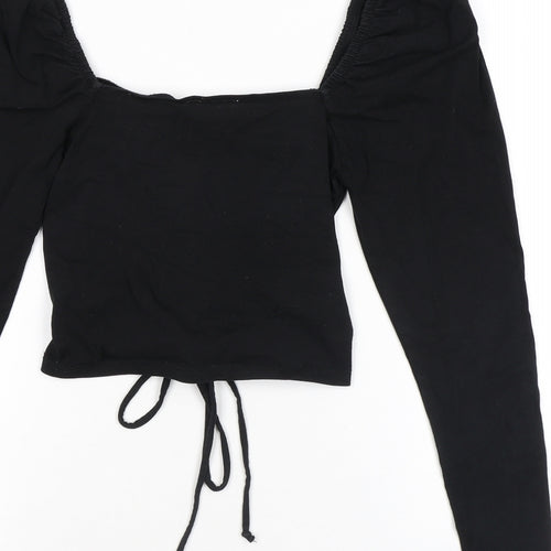 Topshop Womens Black Cotton Cropped T-Shirt Size 10 V-Neck