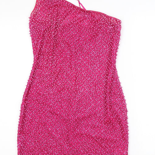 Oh Polly Womens Pink Argyle/Diamond Polyester Mini Size 10 One Shoulder Zip