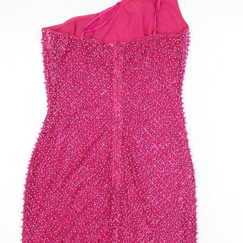 Oh Polly Womens Pink Argyle/Diamond Polyester Mini Size 10 One Shoulder Zip