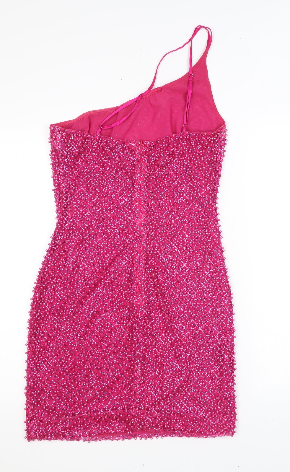 Oh Polly Womens Pink Argyle/Diamond Polyester Mini Size 10 One Shoulder Zip