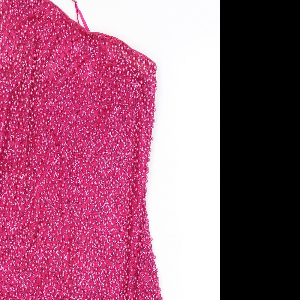 Oh Polly Womens Pink Argyle/Diamond Polyester Mini Size 10 One Shoulder Zip