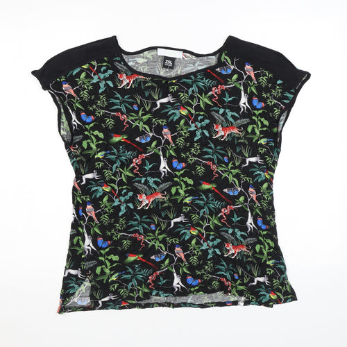 Oasis Womens Black Animal Print Polyester Basic T-Shirt Size L Round Neck - Jungle animals