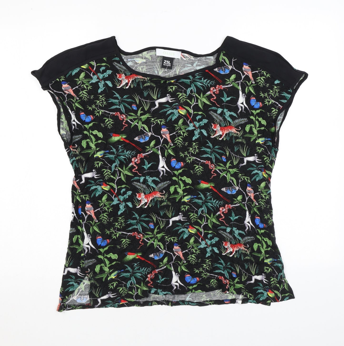 Oasis Womens Black Animal Print Polyester Basic T-Shirt Size L Round Neck - Jungle animals