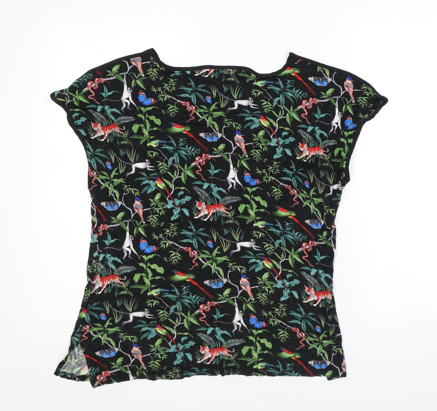 Oasis Womens Black Animal Print Polyester Basic T-Shirt Size L Round Neck - Jungle animals