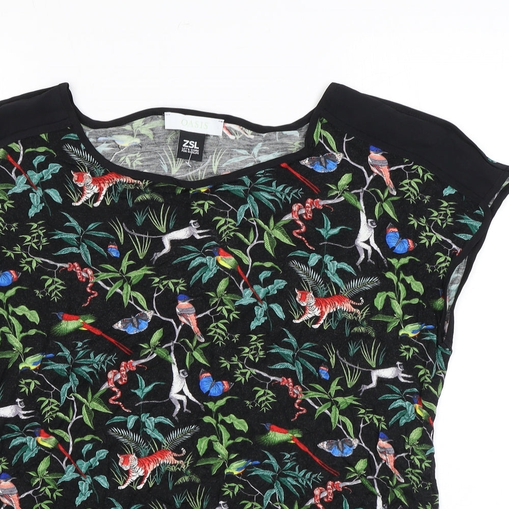 Oasis Womens Black Animal Print Polyester Basic T-Shirt Size L Round Neck - Jungle animals