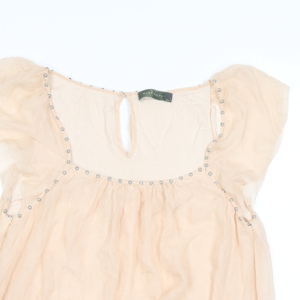 Mint Velvet Womens Pink Silk Basic T-Shirt Size 14 Square Neck - Studs