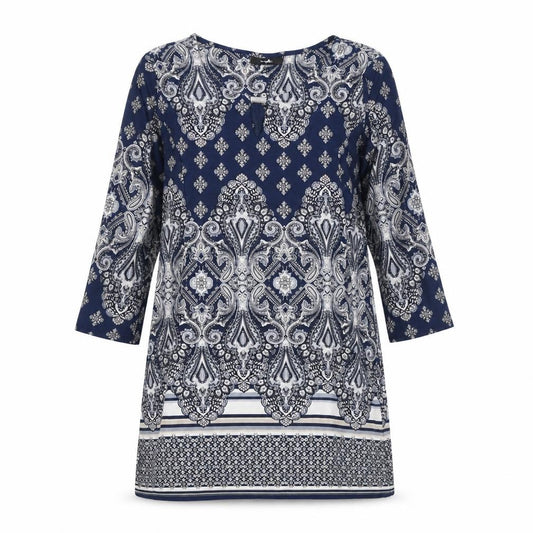 Front view of Wallis women’s blue geometric polyester a-line, size S, round neck pullover