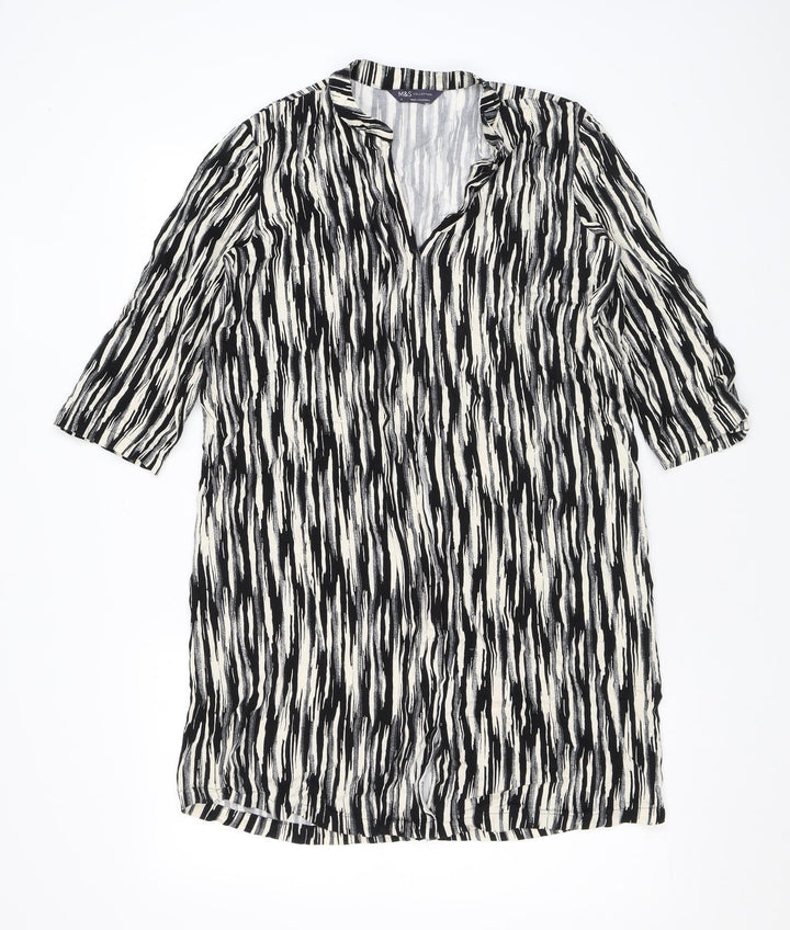 Marks and Spencer Womens Black Geometric Viscose A-Line Size 10 V-Neck Button